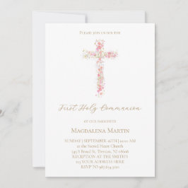 Invitación cruz rosa de flores silvestres | Primera Comunión