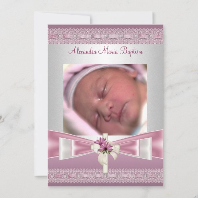 Invitación Cruz rosa de la foto blanca bautizando bautismo (Anverso)