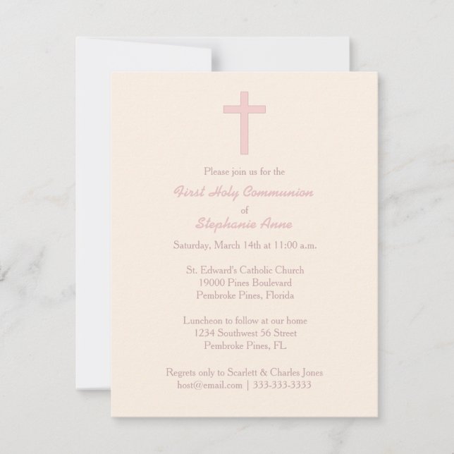 Invitación Cruz rosa del Pastel de la Comunión (Anverso)