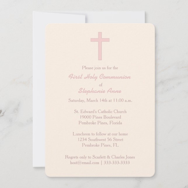 Invitación Cruz rosa del Pastel de la Comunión (Anverso)