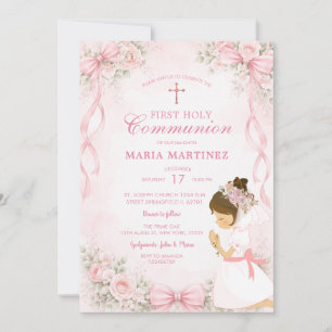 Invitación Cruz Rosa Floral Niña Rezando 1ra Comunión