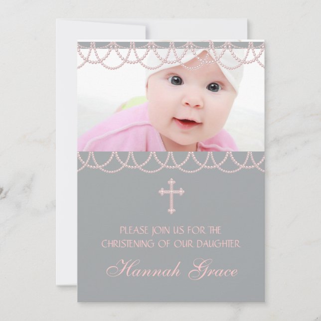Invitación Cruz Rosa Gray Pearl Cross Baby Foto Christening (Anverso)