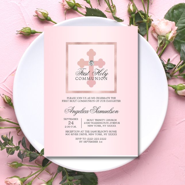 Invitación Cruz rosa primero CHICA de la Santa Comunión (Subido por el creador)