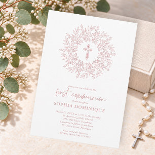 Invitación Cruz Rosa Religiosa Moderna Primera Comunión