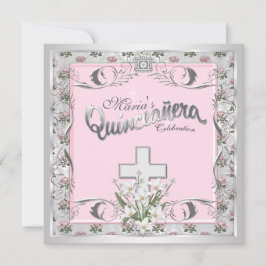 Invitación Cruz rosa rosa Quinceanera