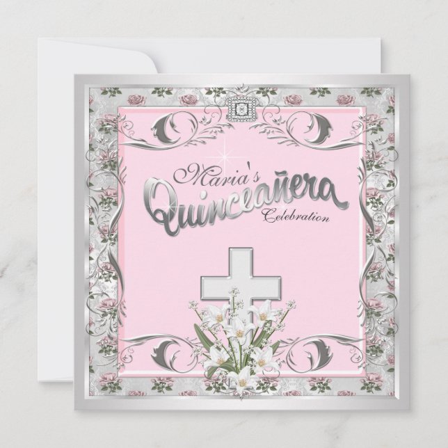 Invitación Cruz rosa rosa Quinceanera (Anverso)