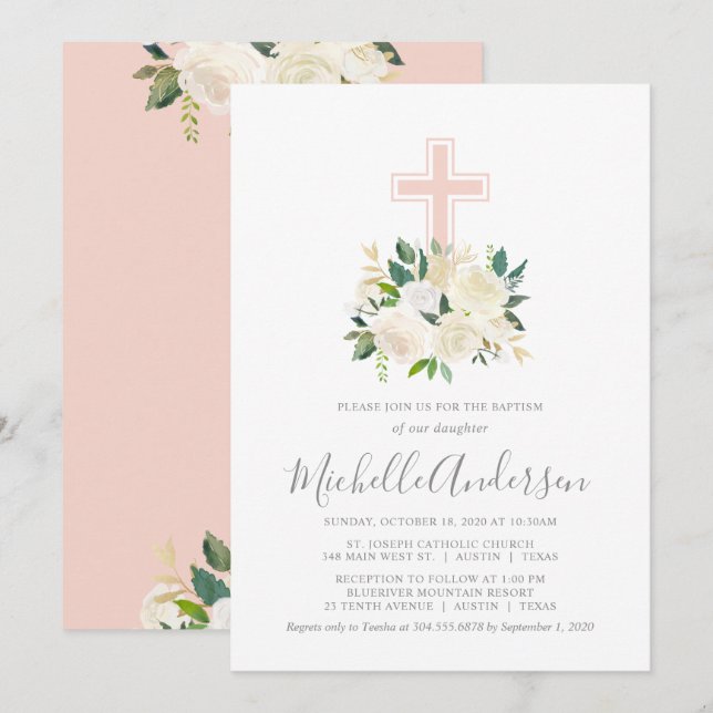 Invitación Cruz rosa Rubor con flores de crema, bautismo Chic (Anverso / Reverso)