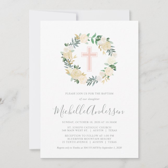 Invitación Cruz rosa Rubor con flores de crema, bautismo Chic (Anverso)
