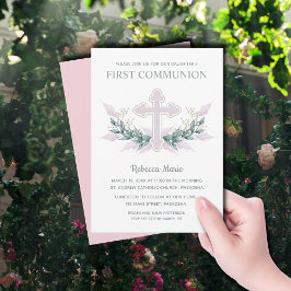 Invitación Cruz rosa y deja la primera comunión