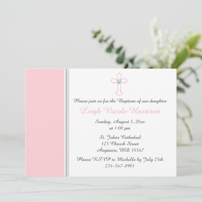 Invitación Cruz rosa y gris Bebé Baptismo Cristiana Cristiana (Anverso de pie)