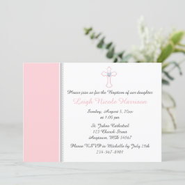 Invitación Cruz rosa y gris Bebé Baptismo Cristiana Cristiana