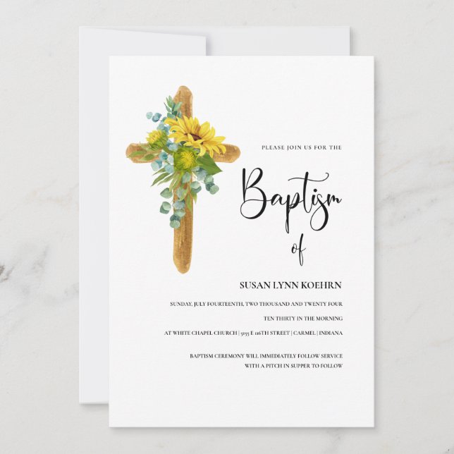 Invitación Cruz Rusa De Boho Con Bautismo De Sunflower (Anverso)