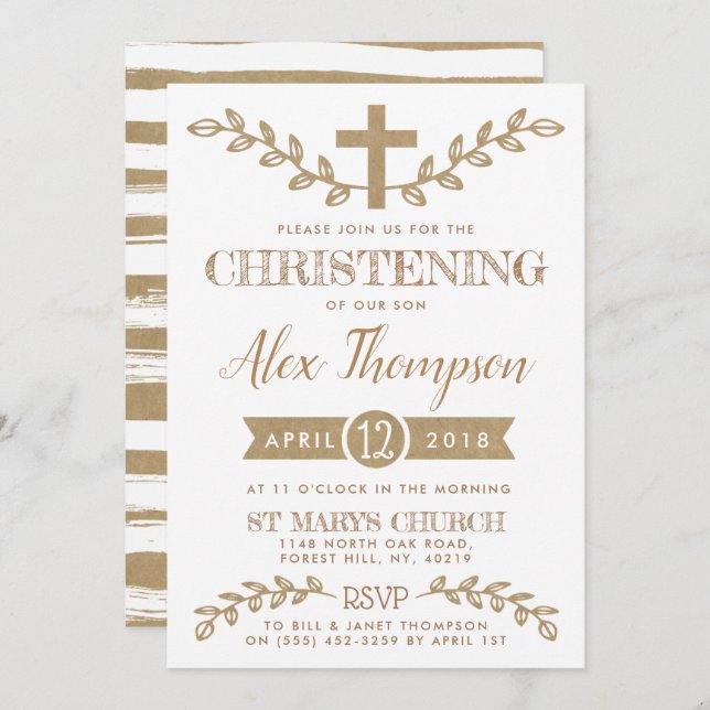 Invitación Cruz Rusa de Kraft y Christening de Foliage (Anverso / Reverso)