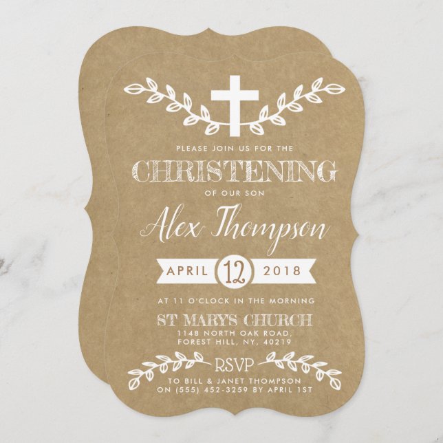 Invitación Cruz Rusa de Kraft y Christening de Foliage (Anverso / Reverso)