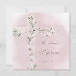 Invitación Cruz Santa en una polvorienta acuarela rosa Bautis