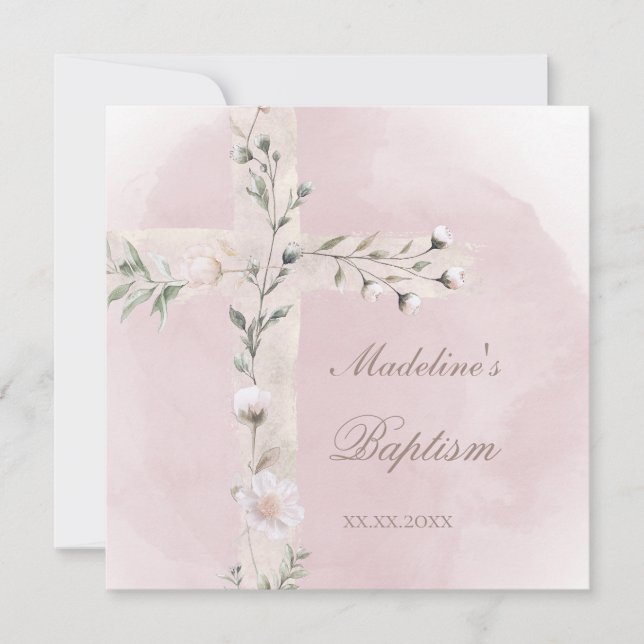 Invitación Cruz Santa en una polvorienta acuarela rosa Bautis (Anverso)