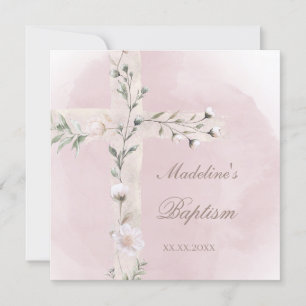 Invitación Cruz Santa en una polvorienta acuarela rosa Bautis