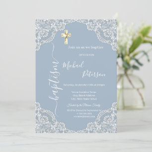 Invitación Cruz Sencilla de Oro con Encaje Bautizo Azul Polvo