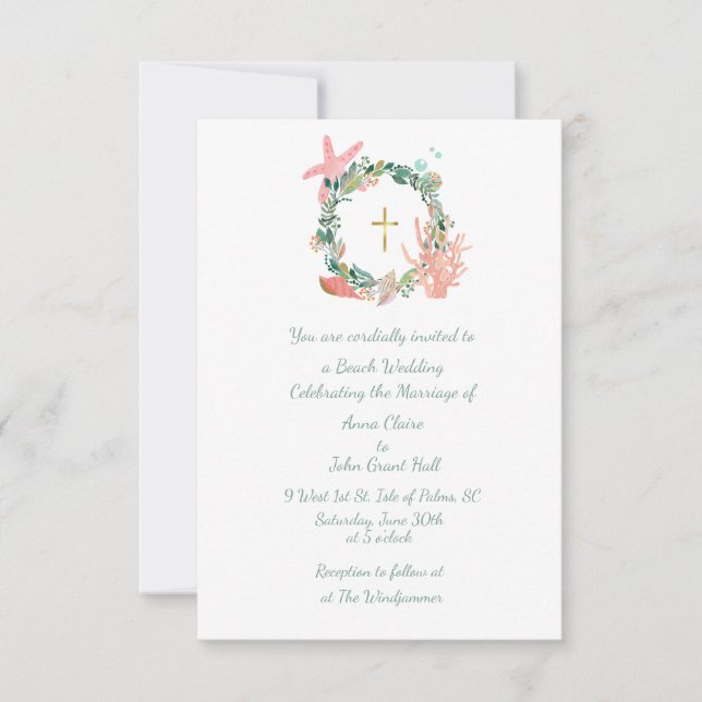 Invitación Cruz temática de la playa, Boda náutico, cristiano (Anverso)