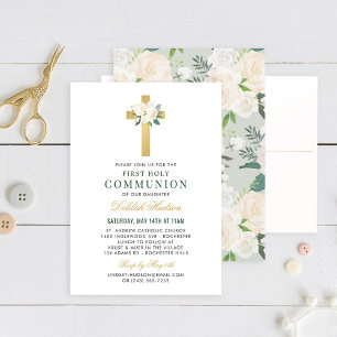 Invitación Cruz Verde de Oro Floral Primera Santa Comunión