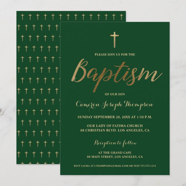 Invitación Cruz Verde de Oro Personalizado Bebé Bautismo (Anverso / Reverso)