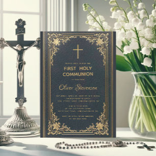 Invitación Cruz vintage dorada y azul para la Primera Comunió