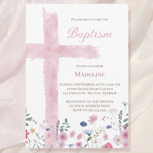Invitación cruz y flores de acuarela rosa de bautizo