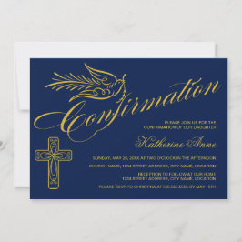 Invitación Cruz y paloma de confirmación en caligrafía dorada