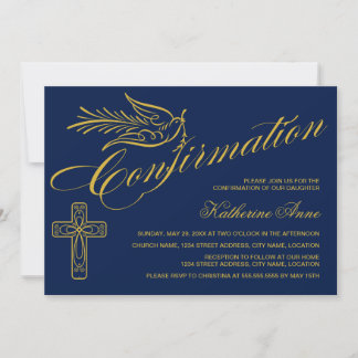 Invitación Cruz y paloma de confirmación en caligrafía dorada