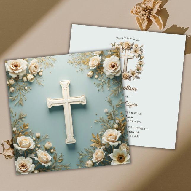 Invitación Cruz y Rosas Blancas Bautismo Católico (Cross and White Roses Catholic Baptism Christening Invitation)