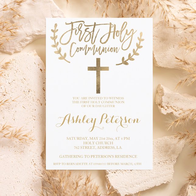 Invitación Cruza de moda simple de oro Primera Comunión Santa (Subido por el creador)