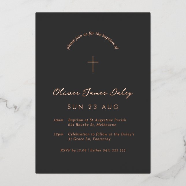 Invitación cruzada de bautismo mínimo negro (Anverso)