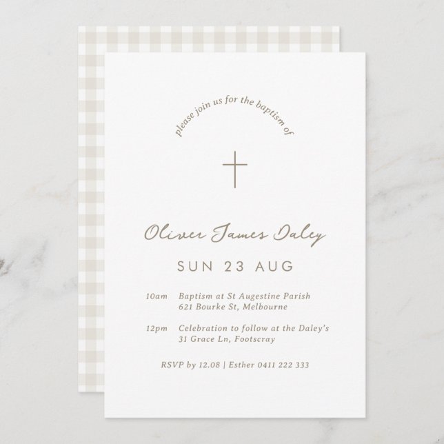 Invitación cruzada de cristianismo de Gingham blan (Anverso / Reverso)