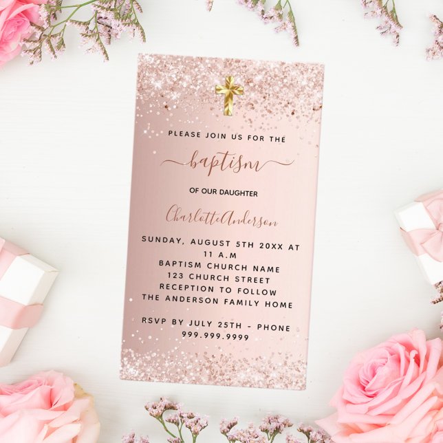 Invitación cruzada de oro del bautismo rosa (Subido por el creador)