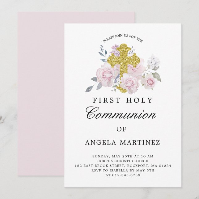 Invitación cruzada de oro floral rosa de primera c (Anverso / Reverso)