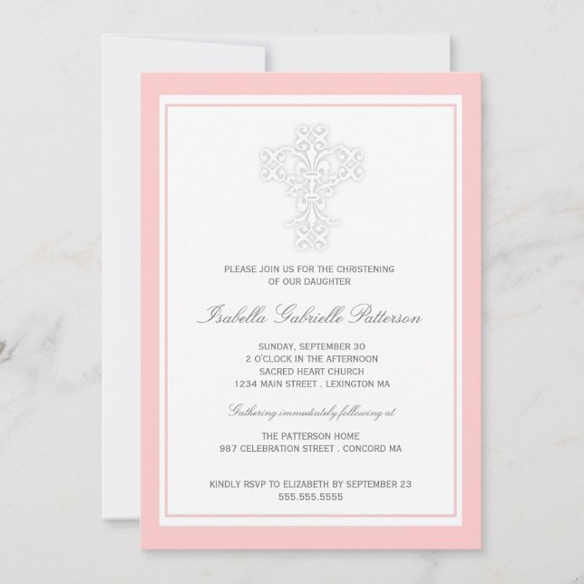 Invitación cruzada elegante del bautizo de la niña (Anverso)