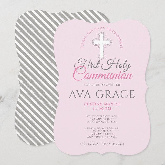 Invitación cruzada rosa de la Santa Comunión por c (Anverso / Reverso)