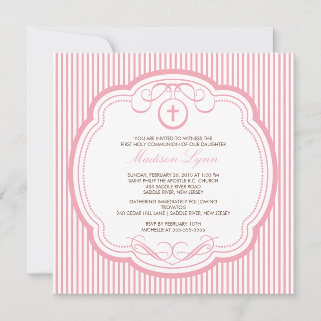 Invitación cruzada rosada dulce de la comunión del (Anverso)