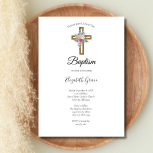 Invitación Cruzar con flores rosas bautizando bautismo