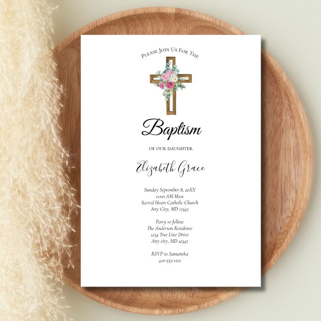 Invitación Cruzar con flores rosas bautizando bautismo (Wooden Cross with flowers Baptism Christening Invitation. Printed or Digital download)