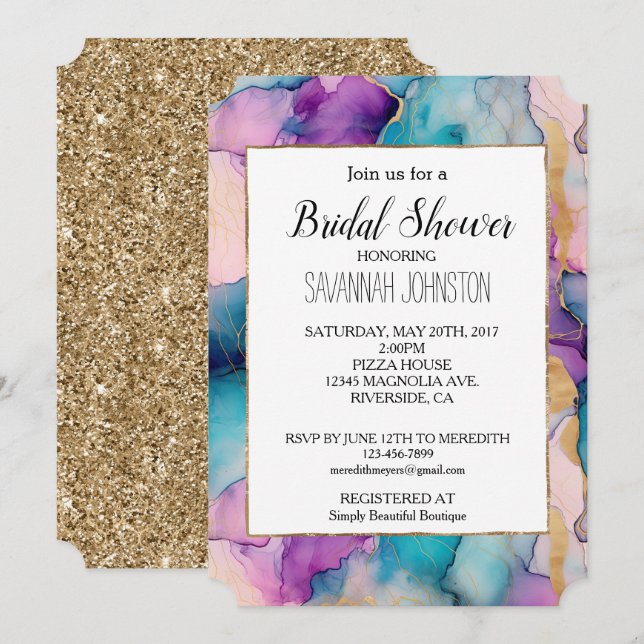 Invitación Crystal Aqua Blue Purple Pink Brige Shower (Anverso / Reverso)
