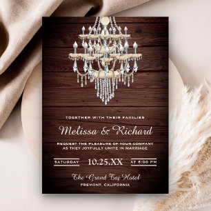 Invitación Crystal Chandelier Rustic Wood Wedting