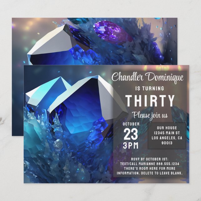 Invitación Crystal Gemstone Septiembre Virgo Sapphire Cumplea (Anverso / Reverso)