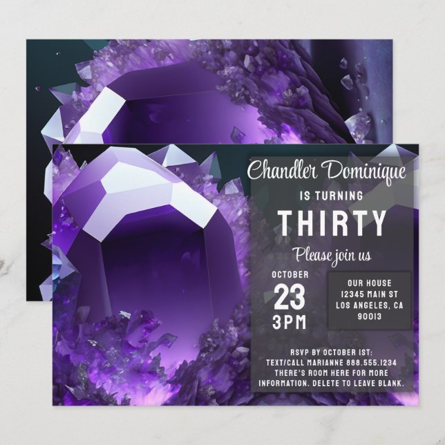 Invitación Crystal Jewel Aquarius Amethyst Cumpleaños (Anverso / Reverso)