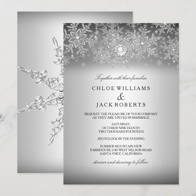 Invitación Crystal Pearl Snowflake Silver Boda de Invierno (Anverso / Reverso)