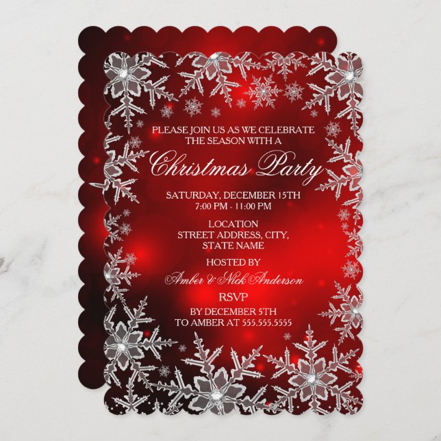Invitación Crystal Snowflake Fiesta de Navidades rojos (Anverso / Reverso)
