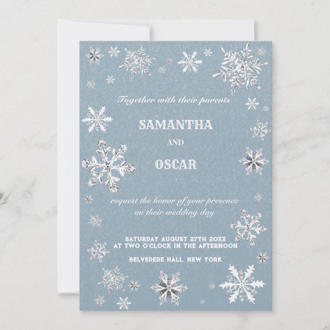 Invitación crystale snowflakes blue winter wedding invitation (Anverso)