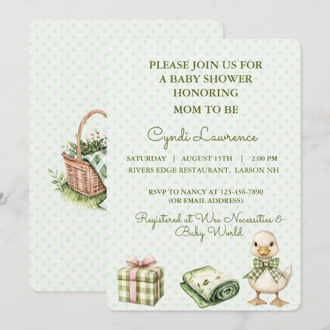 Invitación ¡Cuac! ¡Cuac! Dice el pato con lazo de gingham ver (Anverso / Reverso)
