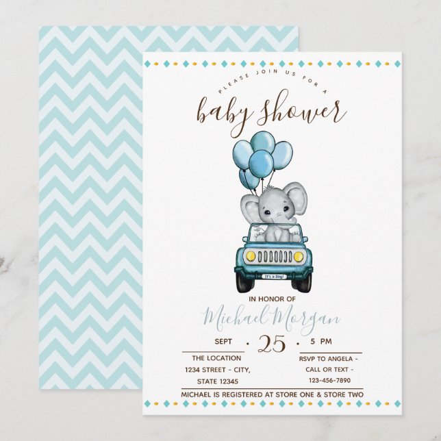 Invitación Cuaderno bebé elefante auto, Zigzag Baby Shower (Anverso / Reverso)