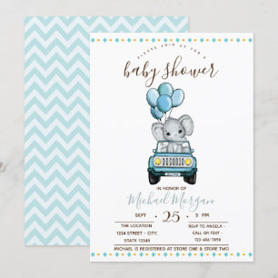 Invitación Cuaderno bebé elefante auto, Zigzag Baby Shower